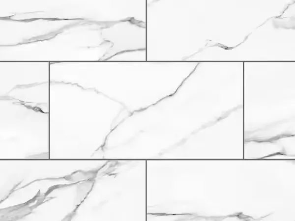 White marble-look large-format porcelain tile set in a running bond pattern by Artistry Floors